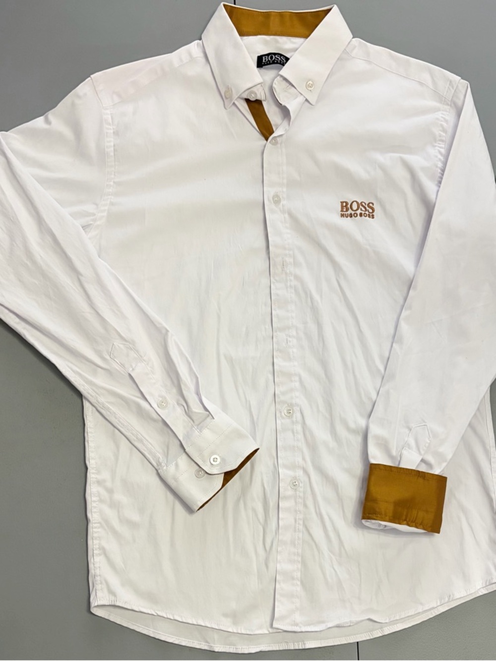 Hugo Boss White Button-Down Shirt with Tan Accents